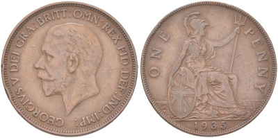 Великобритания 1 пенни 1935 Георг V (1910-1936) KM 838, Spink 4055 бронза 4165-131