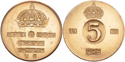 Швеция 5 эре 1968 U Густав VI Адольф (1950-1973) KM 822 бронза 4548-424