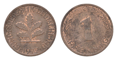 ФРГ 1 пфенниг 1972 D KM 105, J.380 сталь плакированная медью 4618-625