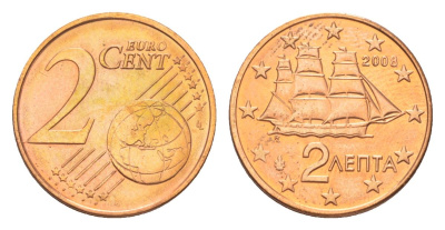 Греция 2 евроцента 2008 KM 182 сталь плакированная медью UNC 4627-1131