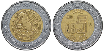 Мексика 5 новых песо 1993 Мо KM 552 биметалл 4122-437