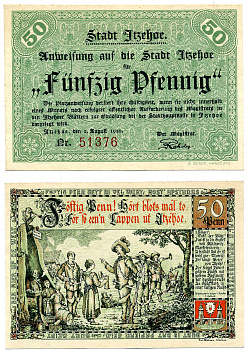 ИТЦЕХО 50 ПФЕННИГОВ 1920 2 АВГУСТА 1920, НОТГЕЛЬД, ЗЕЛЁНЫЙ ФОН, СЕРИЯ КРАСНАЯ, ЗЕМЛЯ ШЛЕЗВИГ-ГОЛЬШТЕЙН Grabowski 649.1а бумага 2193-9-1-1