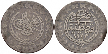 Турция 20 пара 1837 1223/31 год, Махмуд II (1808-1839), Османская империя KM 596 серебро 110-333