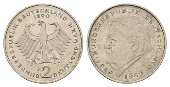 ФРГ 2 марки 1990 J, Франц Йозеф Штраус, 40 лет Федеративной Республике (1949-1989) KM 175, J. 450 медно-никель 3459-1022