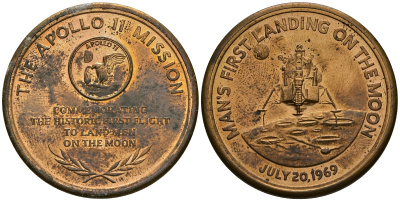 США МЕДАЛЬ ND ПЕРВАЯ ВЫСАДКА НА ЛУНУ, АПОЛЛОН 11, 38 мм, 24,65 гр бронза UNC 05-122-32