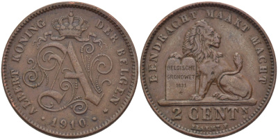 БЕЛЬГИЯ 2 САНТИМА 1910 BELGEN KM 65 медь 28-234