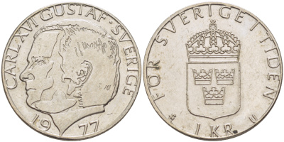 Швеция 1 крона 1977 U, Карл XVI Густав (1973- ) КМ 852 медь плакированная медно-никелем 83-115