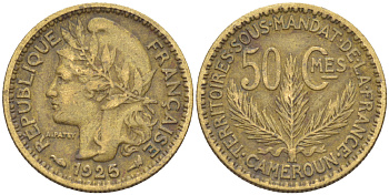 Французский Камерун 50 сантимов 1925 (а), монетный двор Париж KM 1 алюминиевая бронза 4608-948