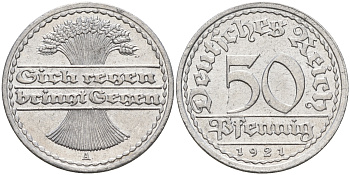 Германия 50 пфеннигов 1921 A KM 27, J.301, Weege 10 алюминий    4153-253