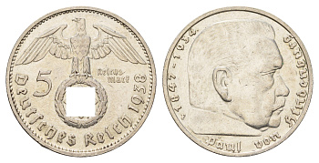 Германия 5 рейхсмарок 1938 D, Пауль фон Гинденбург (1847-1934) KM 94, J. 367 серебро 1518-1511