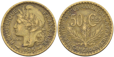 Французский Камерун 50 сантимов 1925 (а), монетный двор Париж KM 1 алюминиевая бронза 4608-948