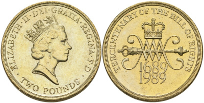 Великобритания 2 фунта 1989 Елизавета II (1952-2022), 300 лет "Биллю о правах" Англии KM 960, Spink 4312 (K2) никель латунь UNC 4542-441