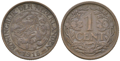 Нидерланды 1 цент 1916 Вильгельмина (1890-1948) KM 152 бронза 4152-249