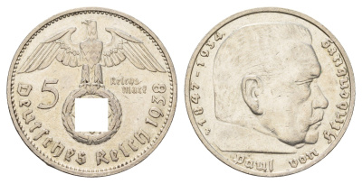 Германия 5 рейхсмарок 1938 D, Пауль фон Гинденбург (1847-1934) KM 94, J. 367 серебро 1518-1511