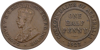 АВСТРАЛИЯ 1/2 ПЕННИ 1922 ГЕОРГ V KM 22 бронза 67-1217