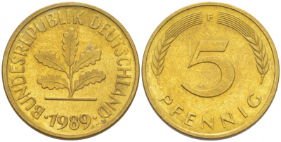 ФРГ 5 ПФЕННИГОВ 1989 F KM 107, J. 382 сталь плакированная латунью 3996-1214