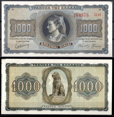 Греция 1000 драхм 1942 Pick 118 a (3) бумага aUNC 6281-31-3-1