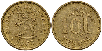 Финляндия 10 пенни 1963 KM 46 алюминиевая бронза 4152-1061