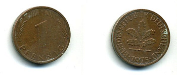 ФРГ 1 ПФЕННИГ 1975 F KM 105, J 380 сталь плакированная медью 46-134