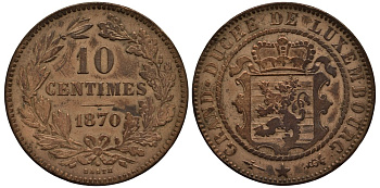 ЛЮКСЕМБУРГ 10 САНТИМОВ 1870 u, ГЕРЦОГ ВИЛЛЕМ III НИДЕРЛАНДСКИЙ (1849-1890), МОНДВОР УТРЕХТ, С ТОЧКОЙ НАД BARTH НА РЕВЕРСЕ КМ 23.1 бронза 4536-444