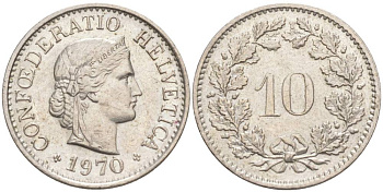 Швейцария 10 раппенов 1970 KM 27 медно-никель 55-431