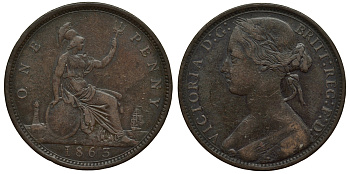Великобритания 1 пенни 1863 Виктория (1837-1901) KM 749.2, Spink 3954 бронза 1524-525