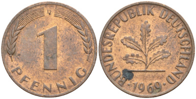 ФРГ 1 пфенниг 1969 D KM 105, J.380 сталь плакированная медью 4174-616