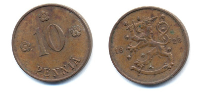Финляндия 10 пенни 1928 республика (1918-1962) KM 24 медь 46-1622