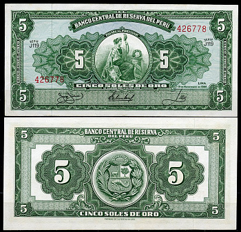 Перу 5 солей 1966 сидящая свобода, Thomas de la Rue Pick 83 a  бумага  UNC (пресс) 447-74-2-2