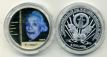 Северные Марианские острова 5 долларов 2004 Альберт Эйнштейн, формула, голограмма KM X5 серебро PROOF M2-03