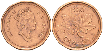 КАНАДА 1 ЦЕНТ 1995 ЕЛИЗАВЕТА II KM 181 бронза 188-1025