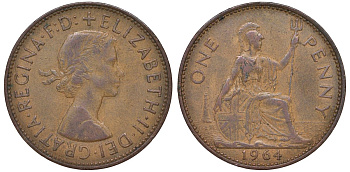 Великобритания 1 пенни 1964 Елизавета II (1952-2022) KM 897, Spink 4157 бронза 51-2327