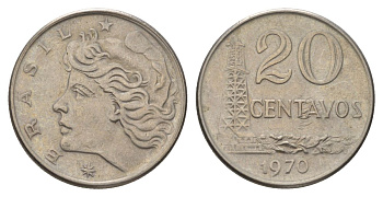Бразилия 20 сентаво 1970 голова Свободы влево KM 579.2, Schon 84a медно-никель 4626-123