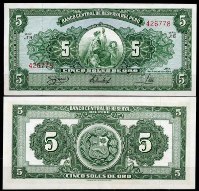 Перу 5 солей 1966 сидящая свобода, Thomas de la Rue Pick 83 a  бумага  UNC (пресс) 447-74-2-2