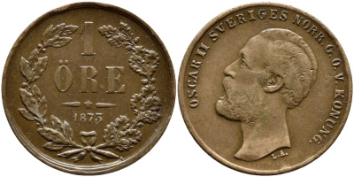 Швеция 1 эре 1873 L.A. Оскар II (1872-1907) король Швеции и Норвегии KM 728 бронза 1530-532