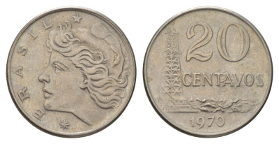 Бразилия 20 сентаво 1970 голова Свободы влево KM 579.2, Schon 84a медно-никель 4626-123