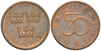 Швеция 50 эре 1999 B, Карл XVI Густав (1973-) KM 878 бронза aUNC 4617-1156