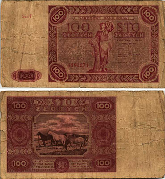 ПОЛЬША 100 ЗЛОТЫХ 1947 15 ИЮЛЯ 1947 Pick 131а бумага F 7487-48-2