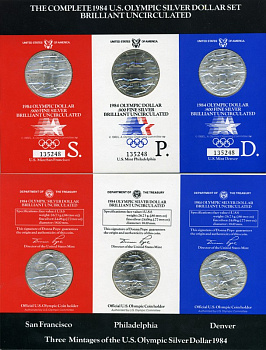 США набор из 8 монет по 1 доллару 1983-1984 XXIII летние Олимпийские игры в Лос-Анджелесе 1984 года, в оригинальных буклетах, в коробке, с сертификатом KM 209, 210 серебро UNC, PROOF 4-3-2-07