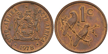 ЮАР 1 ЦЕНТ 1978 ГЕРБ, КАПСКИЕ ВОРОБЬИ KM 82 бронза 66-257