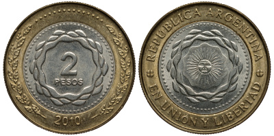 Аргентина 2 песо 2010 майское солнце KM 165 биметалл aUNC 4388-611