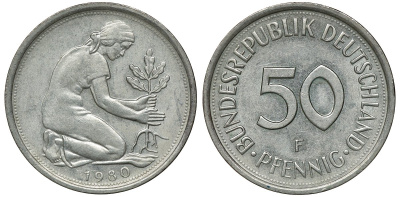 ФРГ 50 ПФЕННИГОВ 1980 J J 384a, KM 109.2 медно-никель aUNC 72-1115