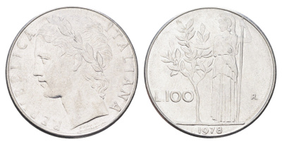 Италия 100 лир 1978 R, Афина в доспехах KM 96.1 нержавеющая сталь 4704-747