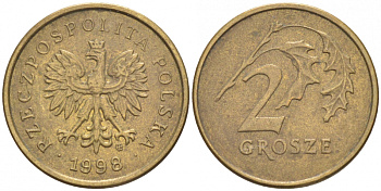 Польша 2 гроша 1998 MW KM 277, Parchimowicz 702e латунь 100-948