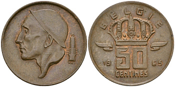 Бельгия 50 сантимов 1965 Альберт II (1994 - 2001) KM 149 бронза 4588-919