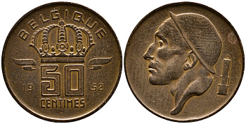 БЕЛЬГИЯ 50 САНТИМОВ 1952 BELGIQUE KM 144 бронза 4387-633