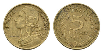 Франция 5 сантимов 1966 KM 933 алюминиевая бронза 4674-551