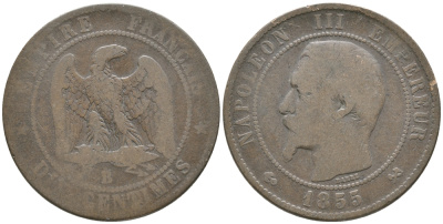 ФРАНЦИЯ 10 САНТИМОВ 1855 В, НАПОЛЕОН III (1852-1870) KM 771.2, LE FRANC 133.21 бронза 51-1756