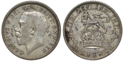 Великобритания 6 пенсов 1925 Георг V (1910-1936), узкий ободок KM 815a.2, Spink 4025 серебро 4128-812