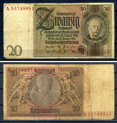 Германия 20 рейхсмарк 1929 Pick 181 a бумага 8518-11-2-2